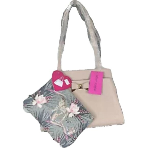 Betsey Johnson Pink Textured Zip Top Contrast Floral Dual Handle Satchel Handbag - Picture 3 of 8